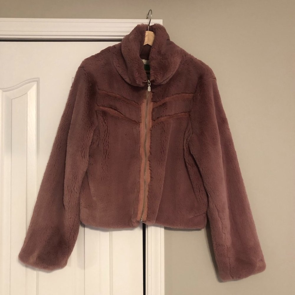 Anthropologie Faux Fur Jacket with Crochet Detail Rose Pink NEW Large